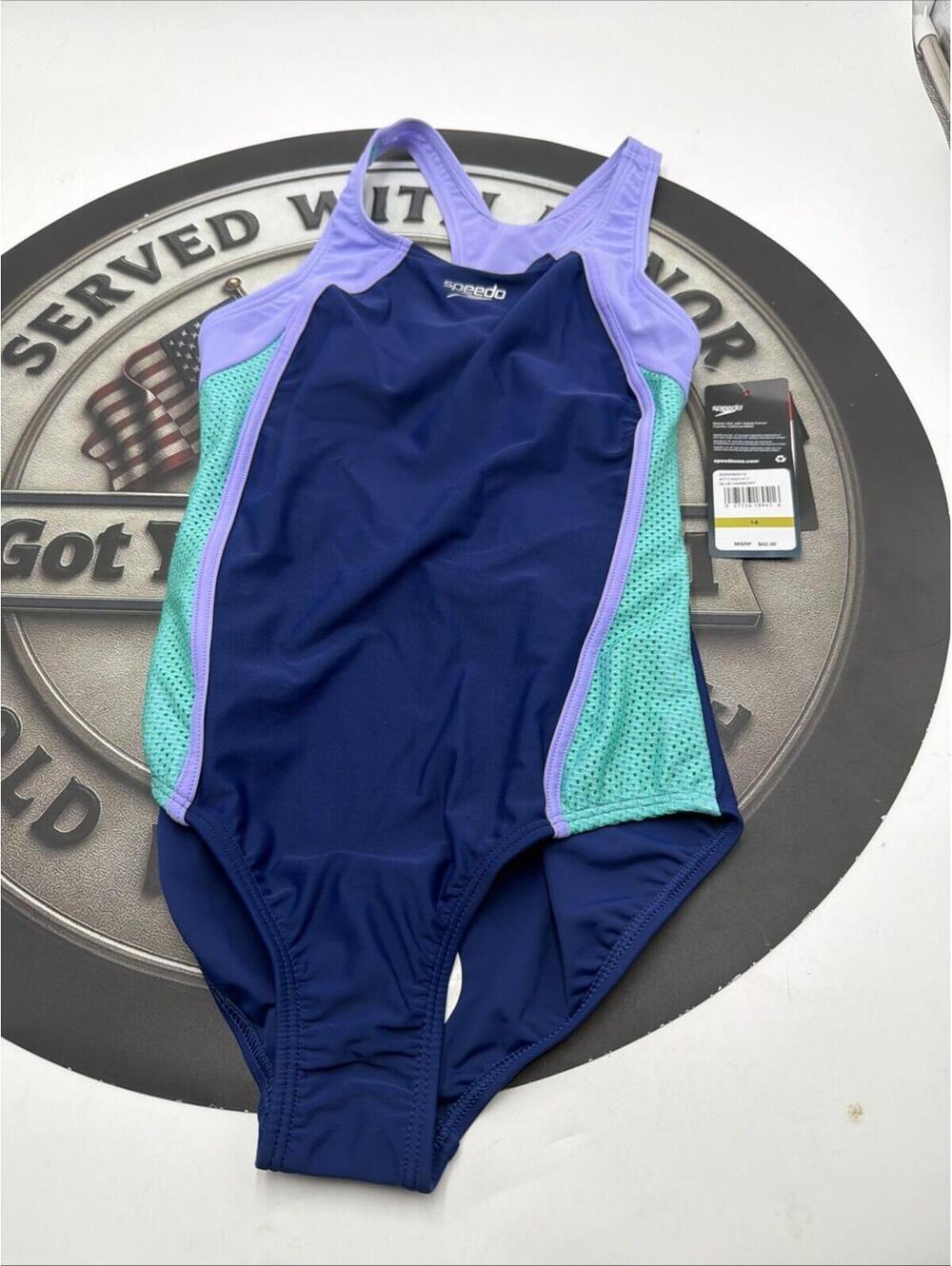 Speedo One Piece Swimsuit GIRLS US Size 14 Blue Harmony UPF50+ NWT Lining Snag